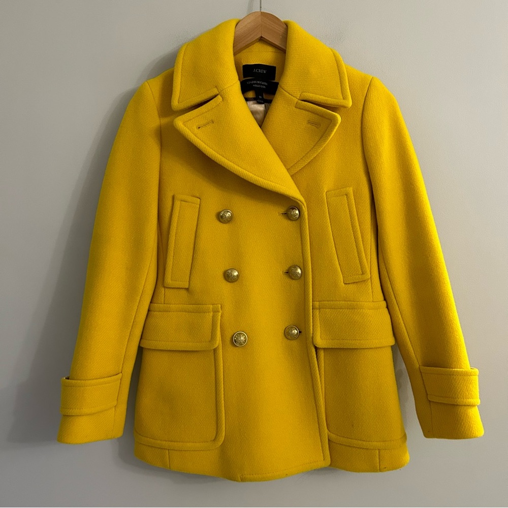 J.Crew Stadium Cloth Yellow Double Breasted Pea Coat - Picture 2 of 9